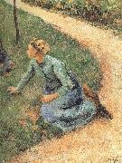 Camille Pissarro Peasant woman sitting on the side of the road oil painting